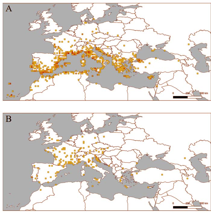 2 cartes illustrant la répartition géographique de la nigelle autour de la mer Méditerranée