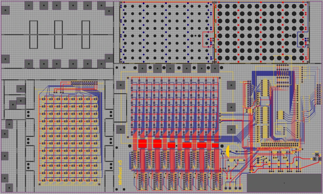Main PCB with main board, arrays of LEDs and LDR, and pieces of the plate holder